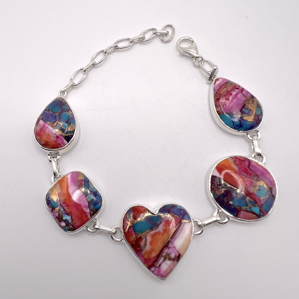 Pink Oyster Turquoise .925 Sterling Silver Bracelet - Picture 11 of 17